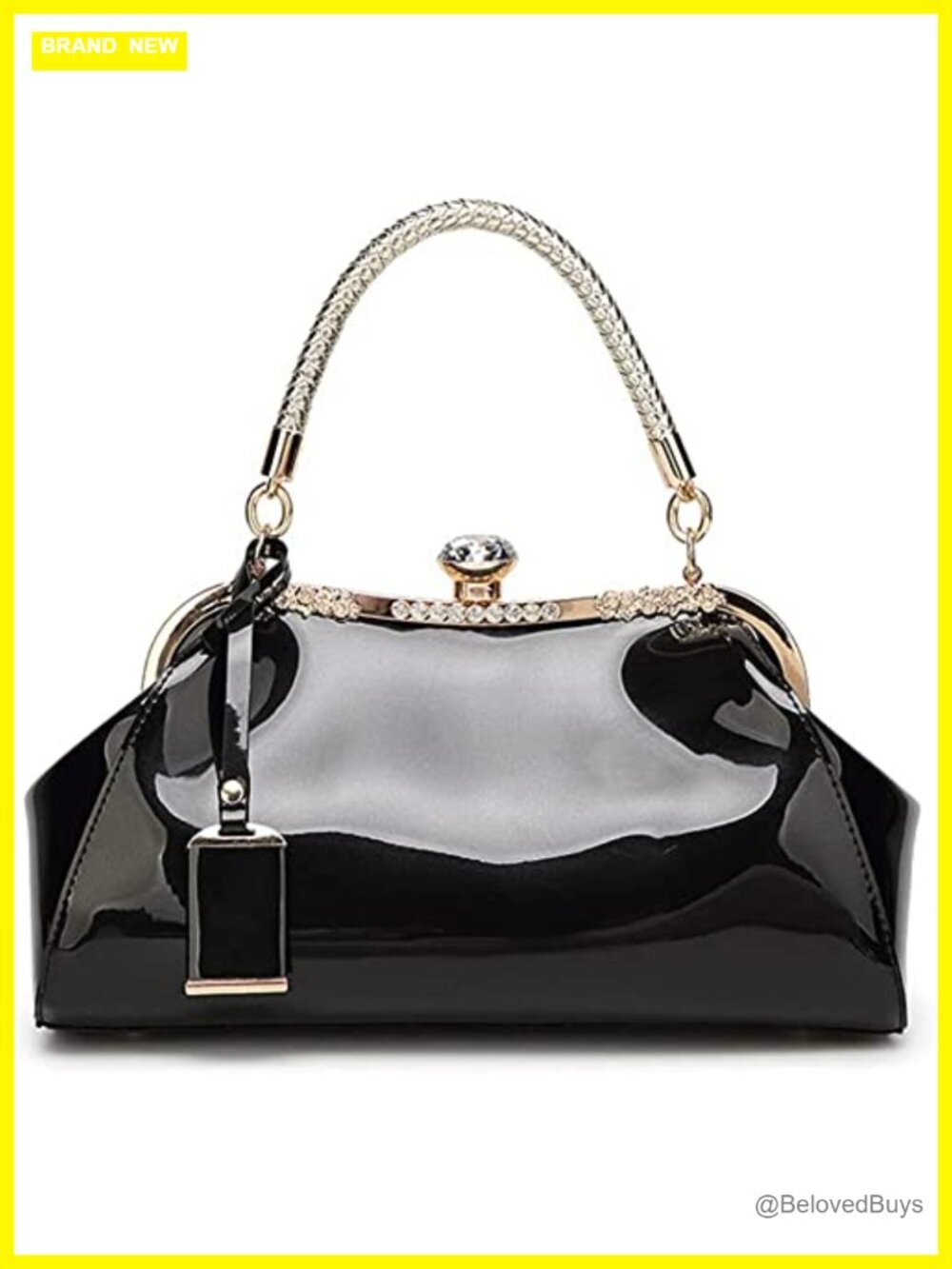 Women's Glossy Faux Patent Leather Top Handle Satchel Handbag with Crystal,